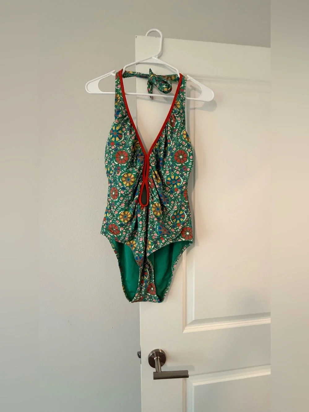 RHODE Green Mosaic Print One-Piece Swimsuit with Red Trim